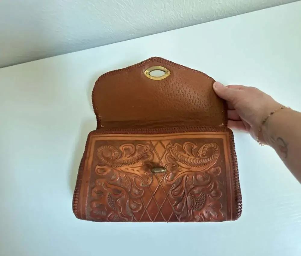 Vintage Hand-Tooled Floral Leather Clutch Purse with Turn-Lock Closure